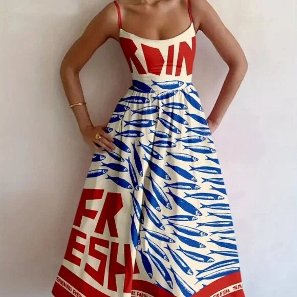 Vibrant Red and Blue Graphic Maxi Dress